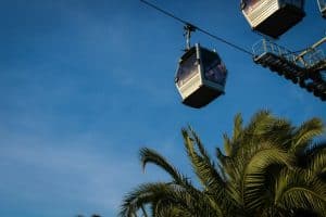 Barcelona en 3 días: Cabina del teleférico de Montjuïc sobre palmeras bajo un cielo azul en Barcelona.