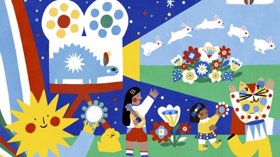Ilustración con niños, animales y flores en un paisaje colorido.
